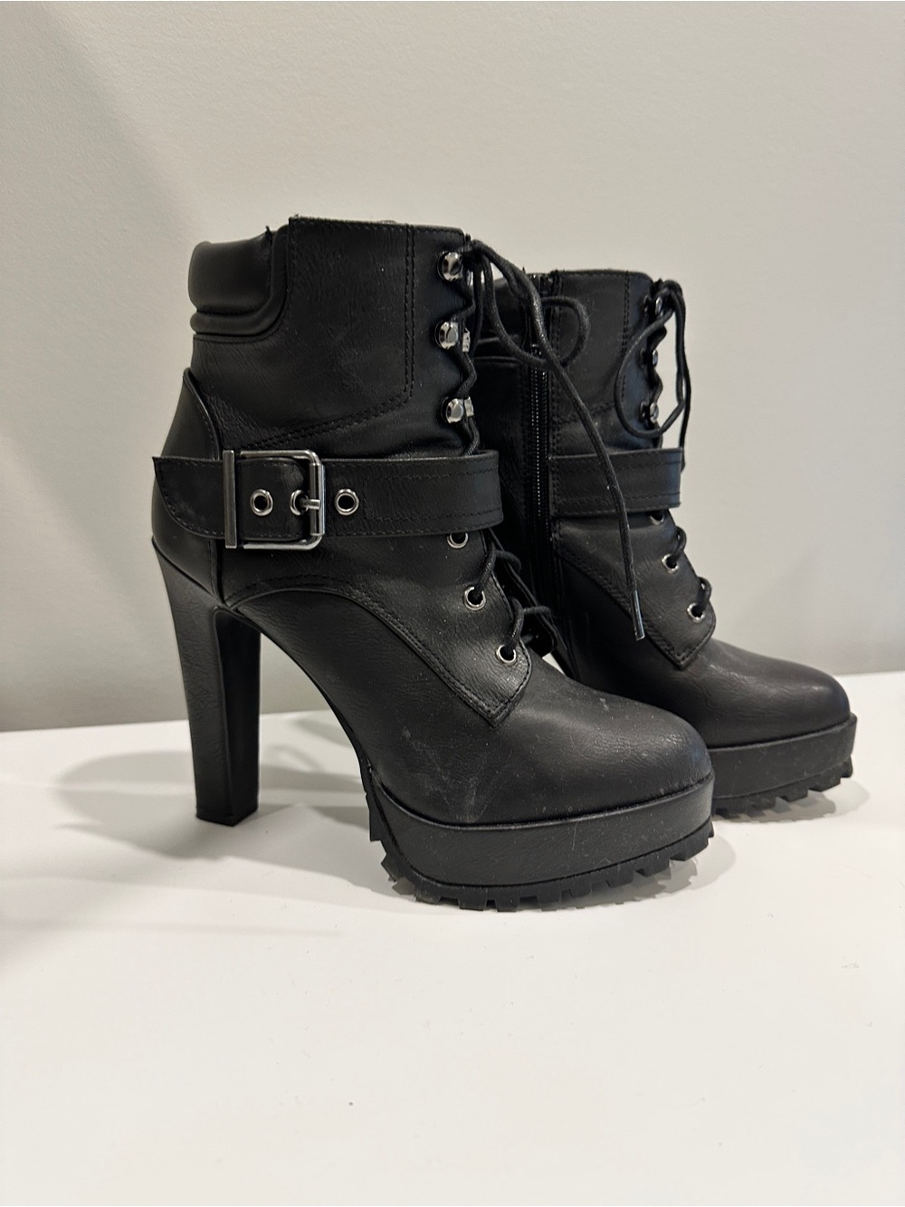Sexy Women’s Black Lace-Up High Heel Ankle Boots with Buckle Strap